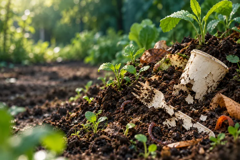 Tenedor y vaso de bioplástico degradándose en tierra de composta con brotes verdes.