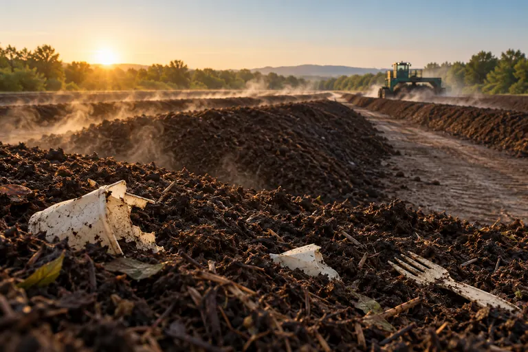 Hileras de composta en una planta de compostaje industrial al amanecer.
