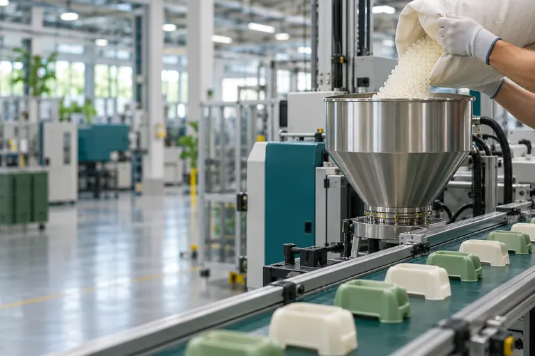 Operario con guantes carga pellets en la tolva de una máquina de inyección.