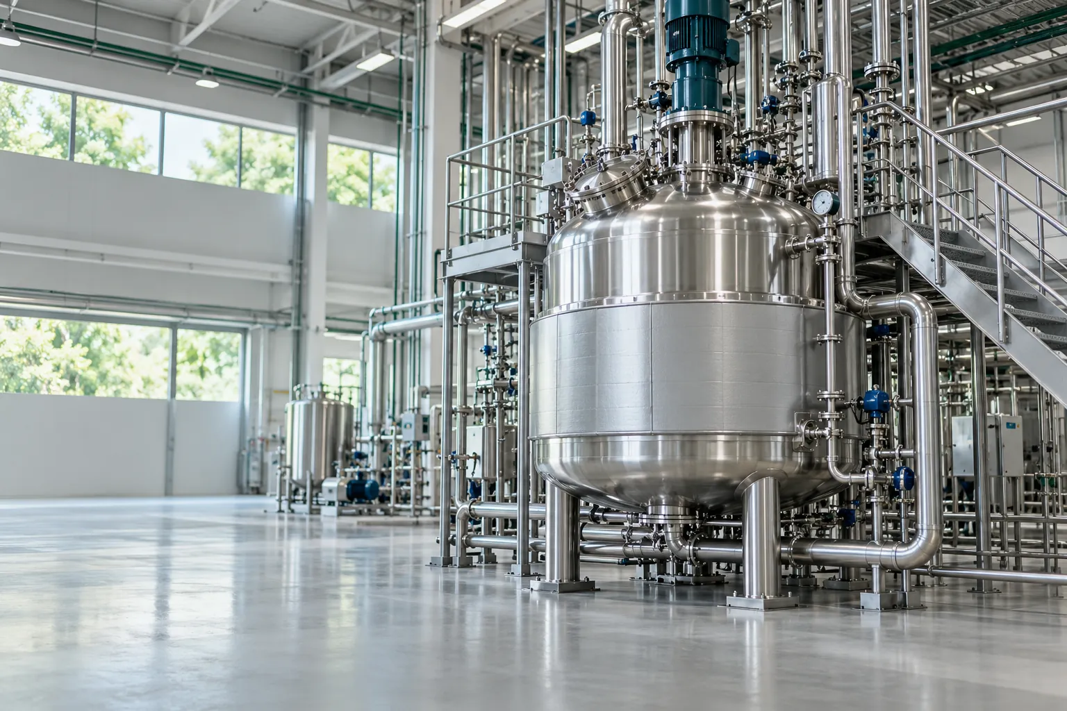 Reactor de polimerización de acero inoxidable en una planta química limpia.